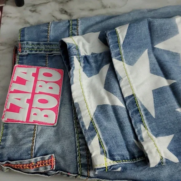 LalaBobo Light Wash Patched Lettered Y2K Jeans - Picture 9 of 10